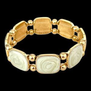 New Boutique Stretch Bracelet Gold Tone Beige Swirl Enamel - 3T